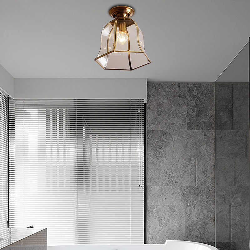 Brass Colonial Bell Ceiling Light - Clear Glass, Flush Mount Foyer Fixture
