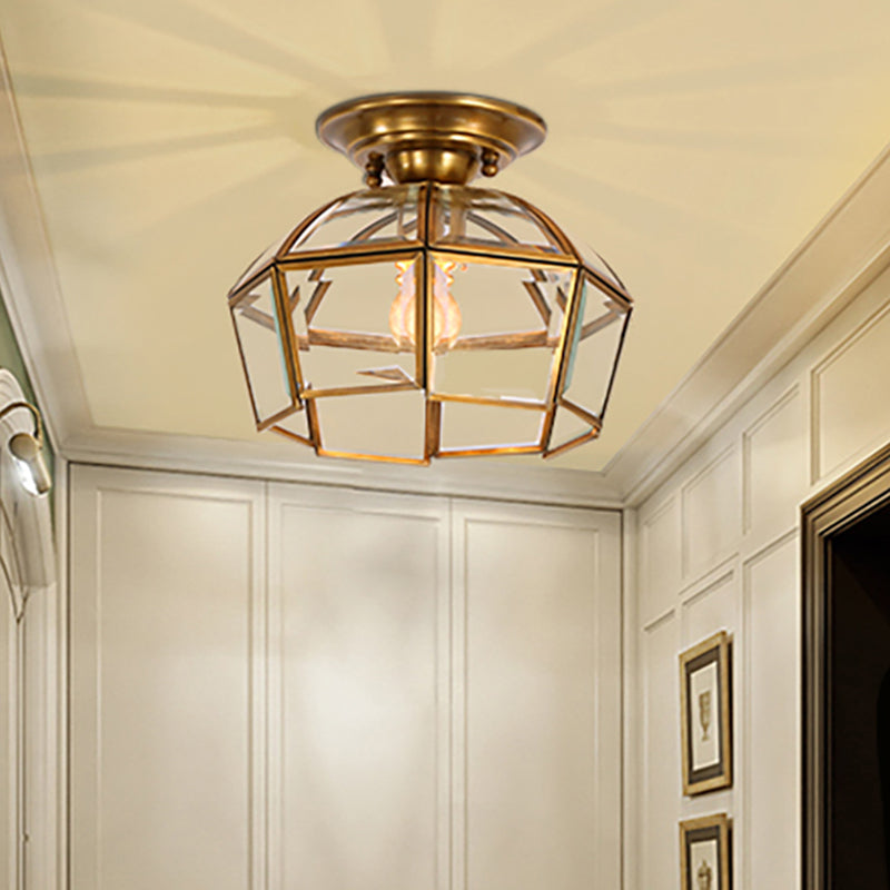 Beveled Colonial Ceiling Flush Mount Light Fixture - 1 Bulb, Clear Glass, Brass