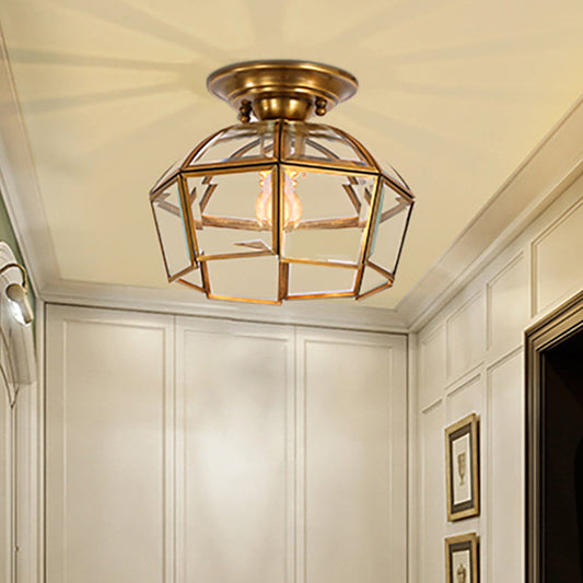 Beveled Colonial Ceiling Flush Mount Light Fixture - 1 Bulb, Clear Glass, Brass