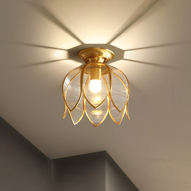 Lotus Ceiling Mount Brass Flush Light Fixture for Corridor - Clear Glass, 1 Bulb