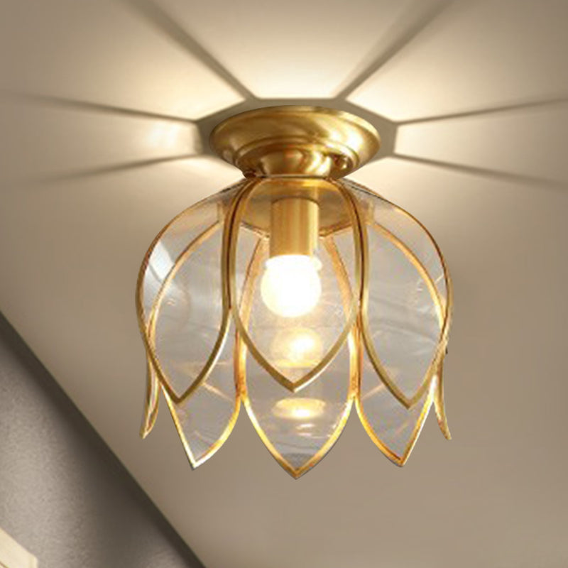 Lotus Ceiling Mount Brass Flush Light Fixture For Corridor - Clear Glass 1 Bulb