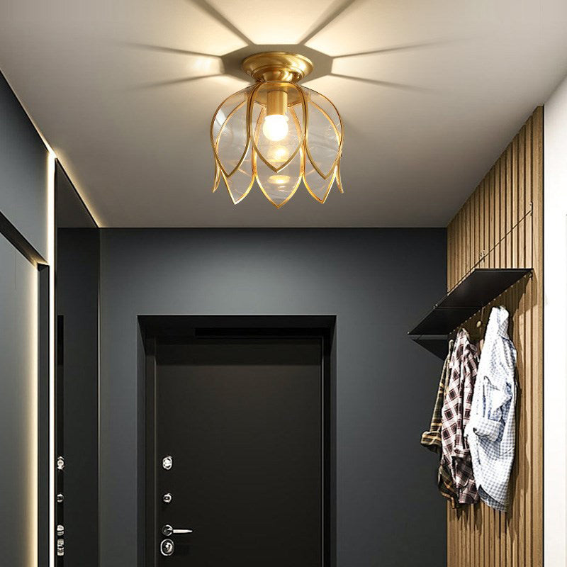 Lotus Ceiling Mount Brass Flush Light Fixture For Corridor - Clear Glass 1 Bulb