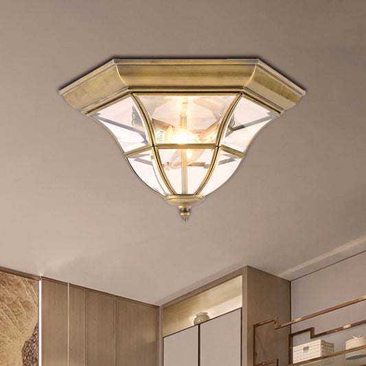 Colonial Bell Ceiling Light Fixture - Clear Curved Glass Flush Mount Chandelier with Brass Finish - 3 Bulbs