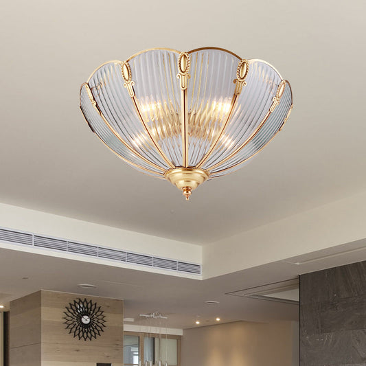 Prismatic Glass Flush Mount Ceiling Light with Colonial Brass Finish - 3-Light, Scalloped Design - Ideal for Living Room