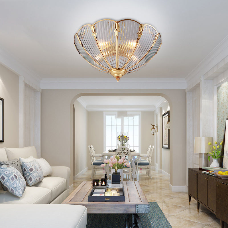 Prismatic Glass Flush Mount Ceiling Light with Colonial Brass Finish - 3-Light, Scalloped Design - Ideal for Living Room