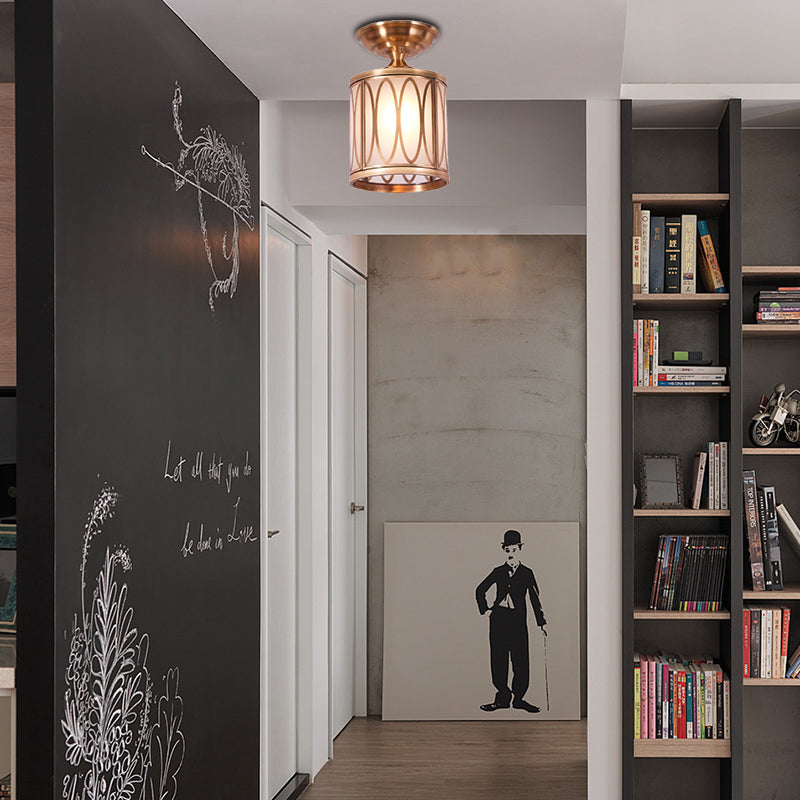 Plafonnier encastré en laiton et verre dépoli – Style colonial pour salon