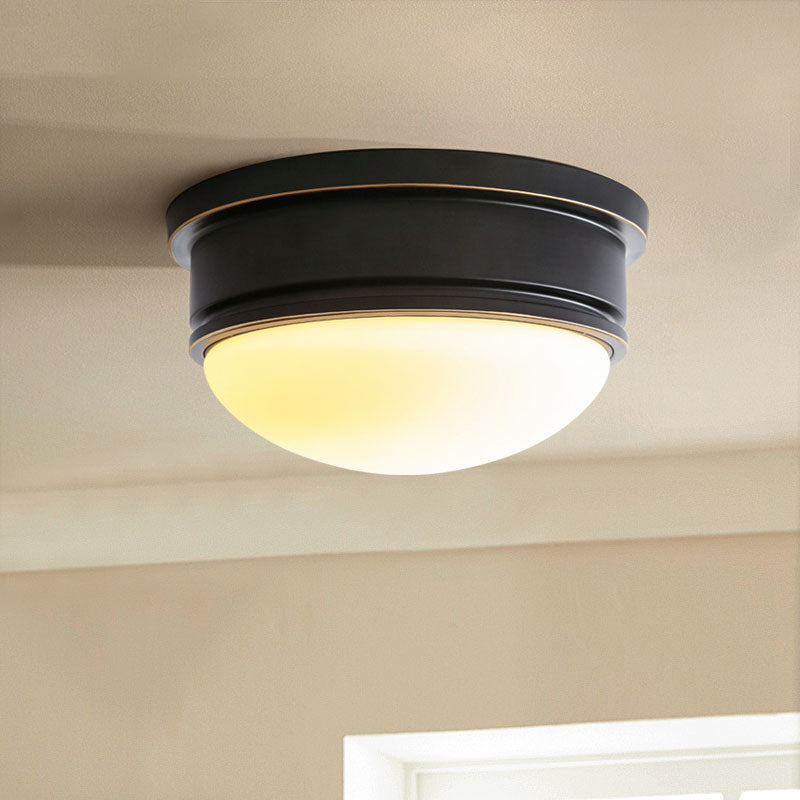 Rustic Milk Glass Flush Mount Lamp with Triple Heads - Ceiling Mounted Light and Black Metal Canopy