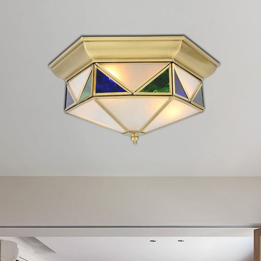 Colonial Prism Ceiling Mount Light Fixture - 3 Bulbs - White/Seeded Glass - Gold/Blue Flush Mount Chandelier