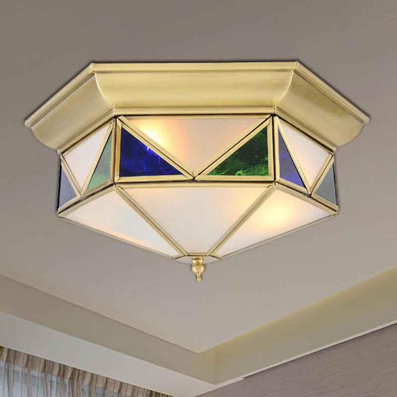 Colonial Prism Ceiling Mount Light Fixture - 3 Bulbs White/Seeded Glass Gold/Blue Flush Chandelier