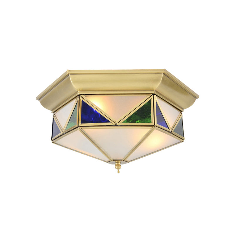 Colonial Prism Ceiling Mount Light Fixture - 3 Bulbs White/Seeded Glass Gold/Blue Flush Chandelier