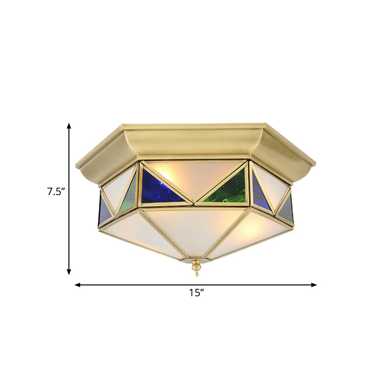 Colonial Prism Ceiling Mount Light Fixture - 3 Bulbs - White/Seeded Glass - Gold/Blue Flush Mount Chandelier