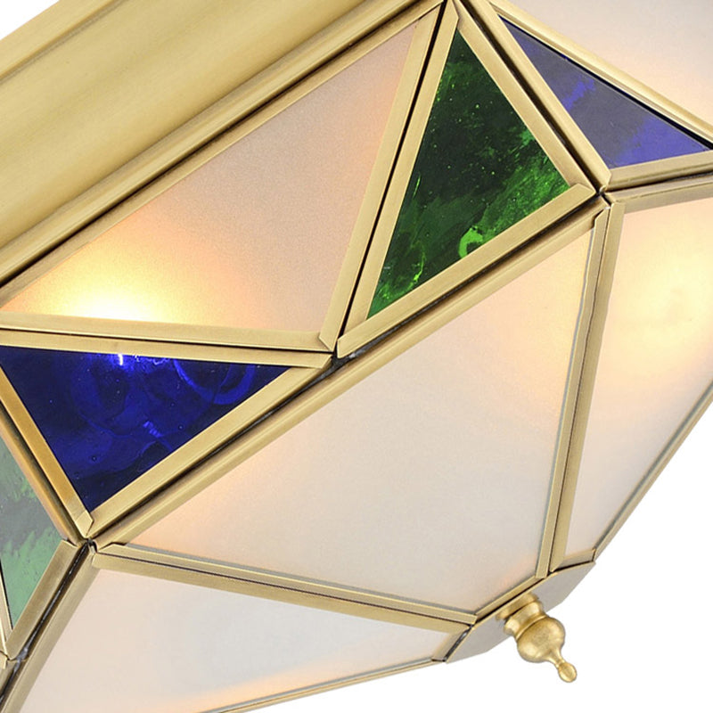 Colonial Prism Ceiling Mount Light Fixture - 3 Bulbs - White/Seeded Glass - Gold/Blue Flush Mount Chandelier