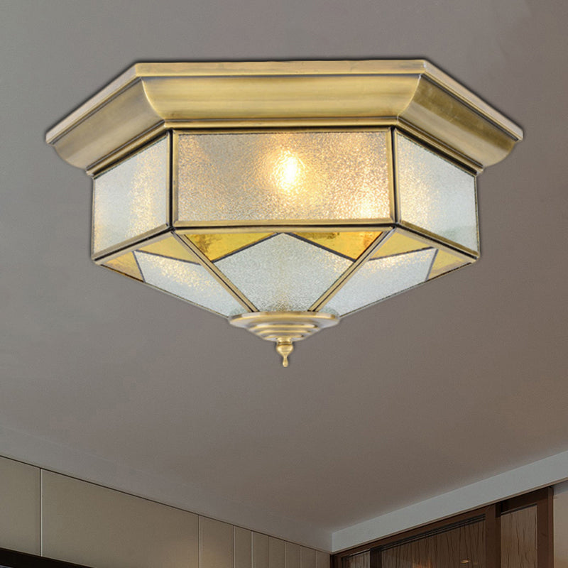 Colonial Prism Ceiling Mount Light Fixture - 3 Bulbs - White/Seeded Glass - Gold/Blue Flush Mount Chandelier