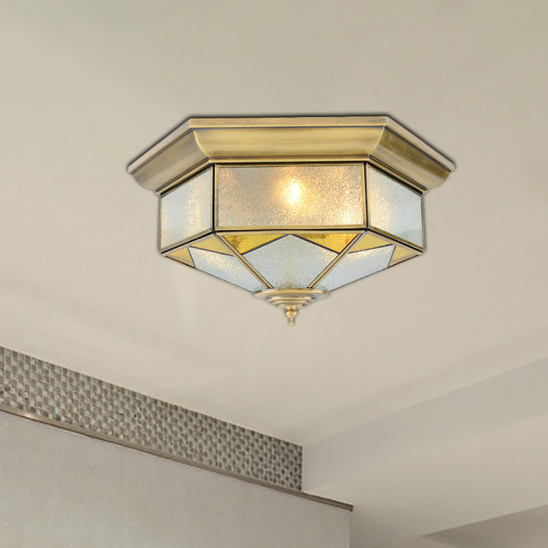 Colonial Prism Ceiling Mount Light Fixture - 3 Bulbs White/Seeded Glass Gold/Blue Flush Chandelier