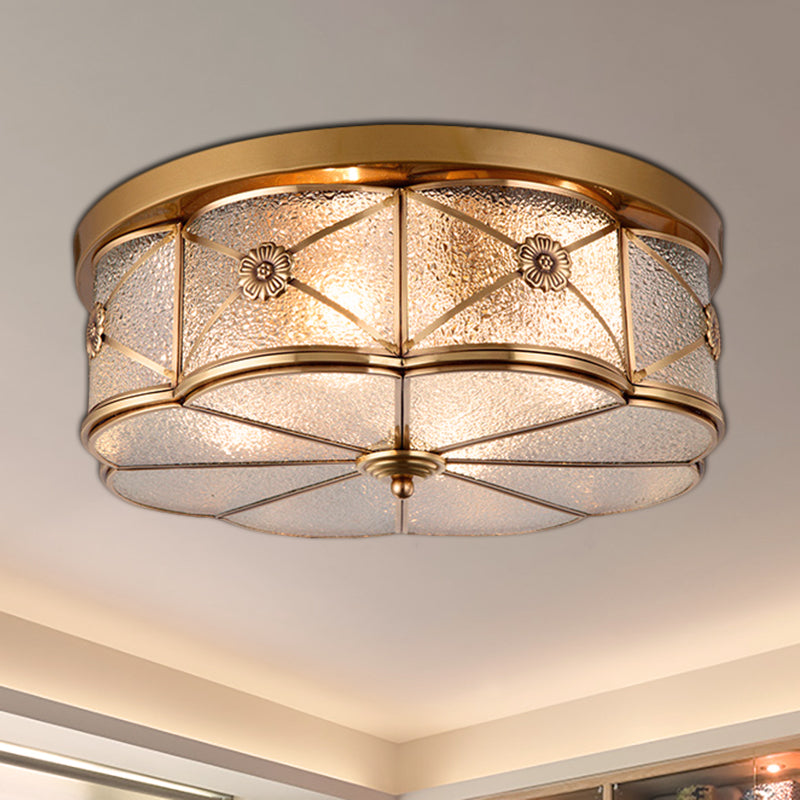 Scalloped Glass Bedroom Flush Mount Light - 14"/18" W Colonial Brass Lamp with Seedy Glass Shade - Close to Ceiling Fixture