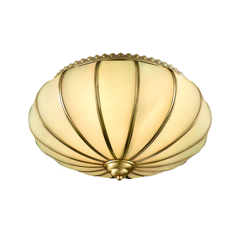 Retro White Glass Sphere Flush Mount Ceiling Light Fixture - 3 Brass Heads, Ideal for Bedroom - 14"/18" Wide