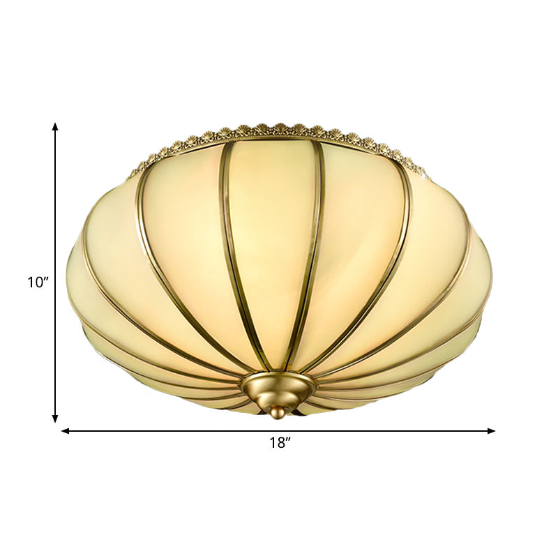 Retro White Glass Sphere Flush Mount Ceiling Light Fixture - 3 Brass Heads, Ideal for Bedroom - 14"/18" Wide