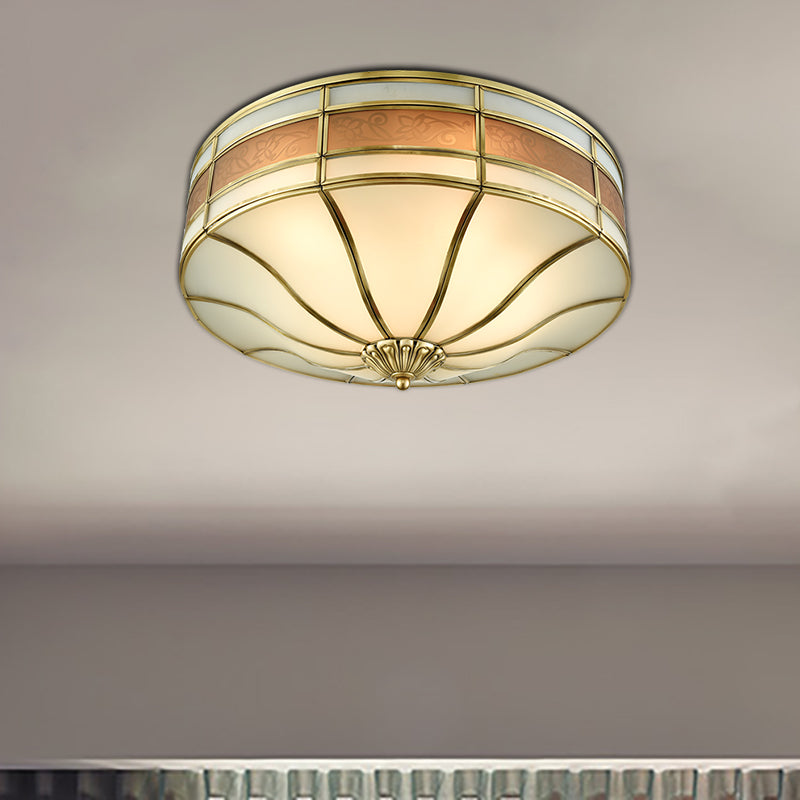 Colonial Brass Drum Ceiling Light with Opaline Glass - 3 Bulb Flush Mount for Bedroom