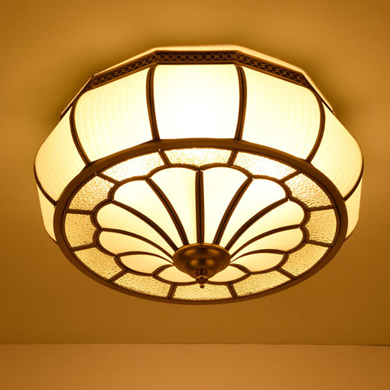 Colonial 4-Head Cream Glass Drum Ceiling Light in Brass for Living Rooms