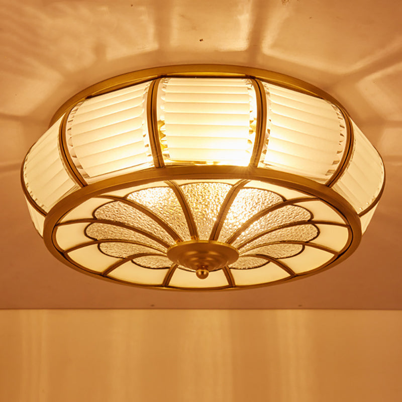Colonial Cream Glass Drum Ceiling Lighting - 3/4 Heads Flush Mount Fixture - Brass Finish - 14"/16.5" Width