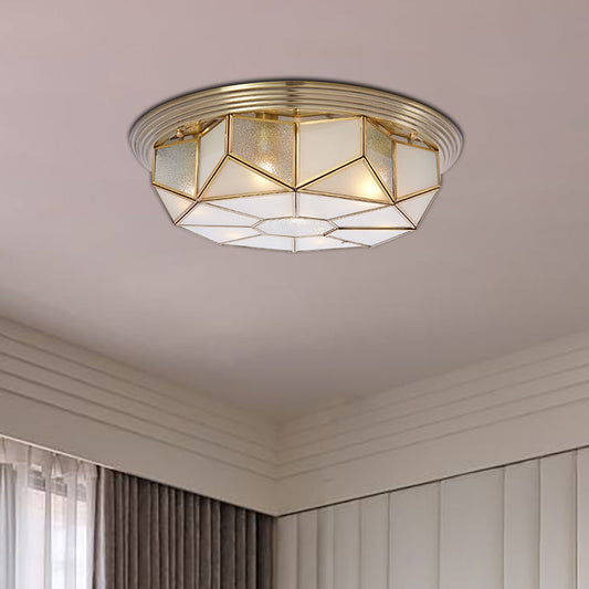 Colonial Brass Flush Mount Lamp with Sandblasted Glass for Living Room - 6 Heads Octagonal Ceiling Fixture
