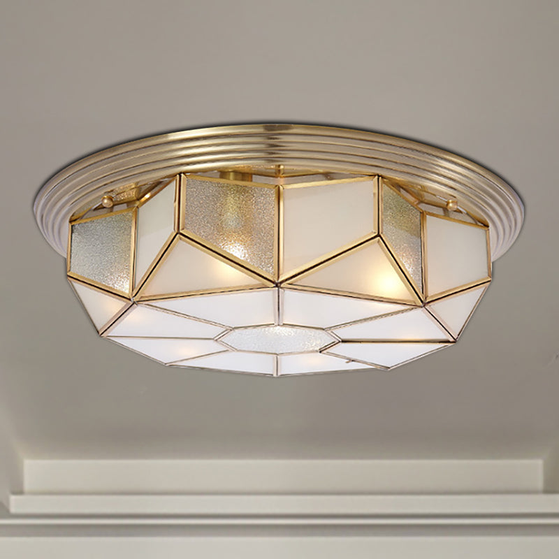 Colonial Brass Flush Mount Lamp with Sandblasted Glass for Living Room - 6 Heads Octagonal Ceiling Fixture