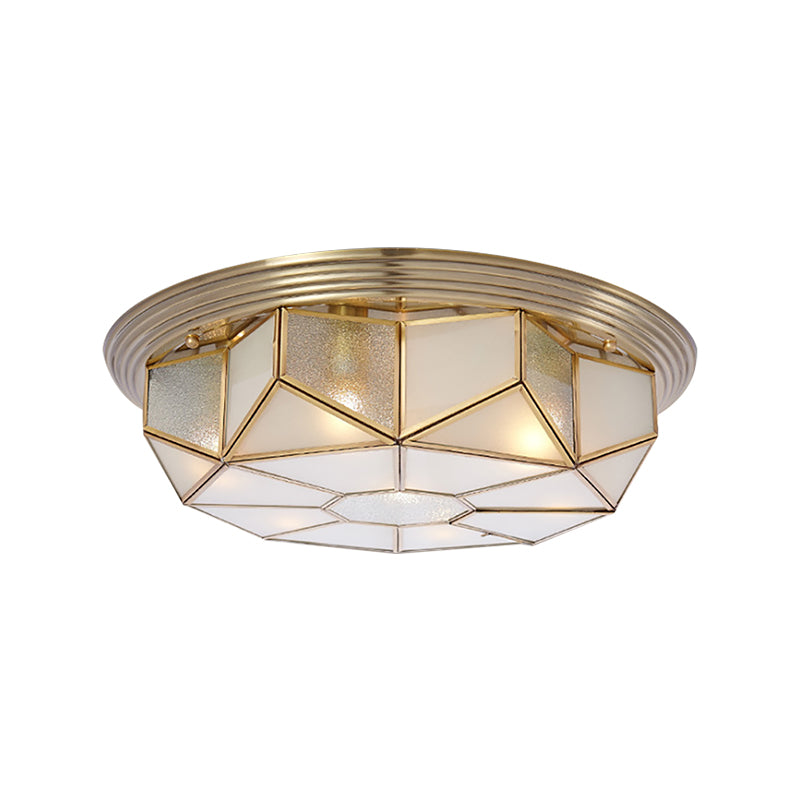 Colonial Brass Flush Mount Lamp with Sandblasted Glass for Living Room - 6 Heads Octagonal Ceiling Fixture