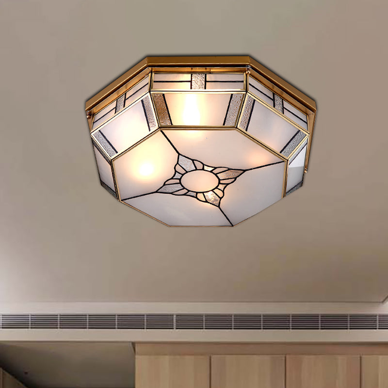 Opal Glass Flush Light with 3 Heads - Brass Finish - Octagonal Shape - Bedroom Ceiling Lighting