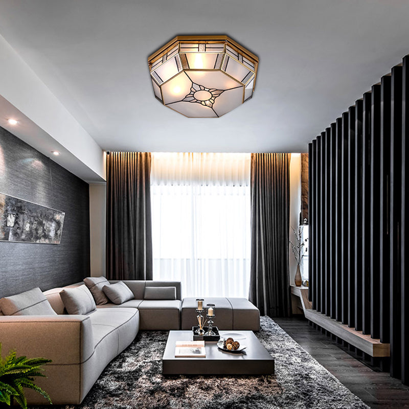 Opal Glass Flush Light with 3 Heads - Brass Finish - Octagonal Shape - Bedroom Ceiling Lighting