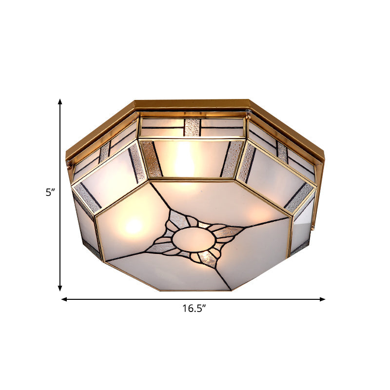 Opal Glass Flush Light with 3 Heads - Brass Finish - Octagonal Shape - Bedroom Ceiling Lighting