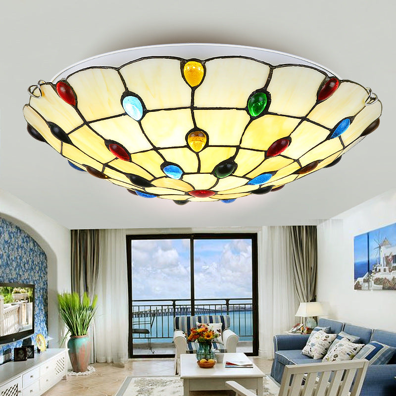 Vintage Stained Glass Flush Mount Ceiling Light - Beige Bowl, Multiple Sizes, Ideal for Living Room