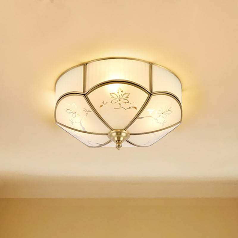 Brass Flush Mount Lamp with Colonial Sandblasted Glass - 3/4/6 Head Options