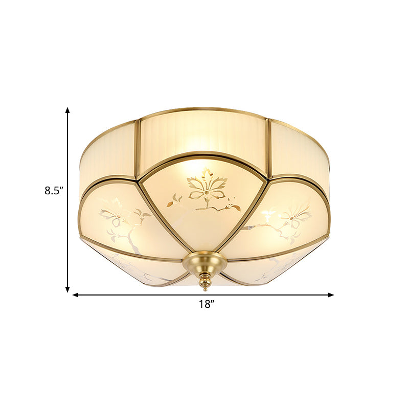 Brass Flush Mount Lamp With Colonial Sandblasted Glass - 3/4/6 Head Options