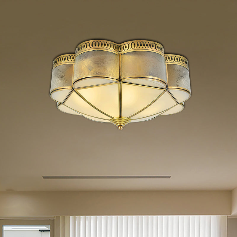 Frosted Glass and Brass Colonial Style Flush Mount Ceiling Lamp with Curved Design - Ideal for Bedrooms