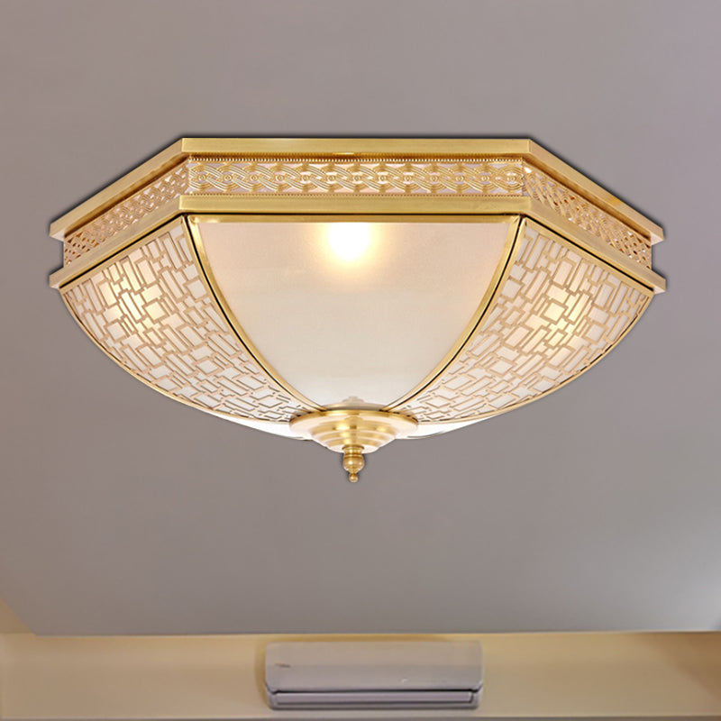 Colonial Opal Frosted Glass Dome Bedroom Flush Mount Light - Brass Ceiling Lamp (3 Bulbs)