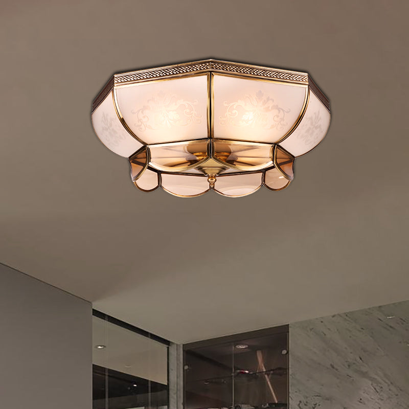 Colonial Brass Ceiling Mounted Chandelier 3/4 Bulbs 14/18 W Frosted White Glass Flush Mount -
