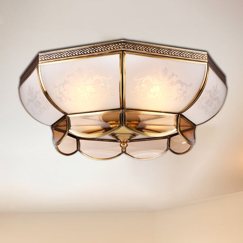 Colonial Brass Ceiling Mounted Chandelier 3/4 Bulbs 14"/18" W Frosted White Glass Flush Mount - Bedroom Lighting