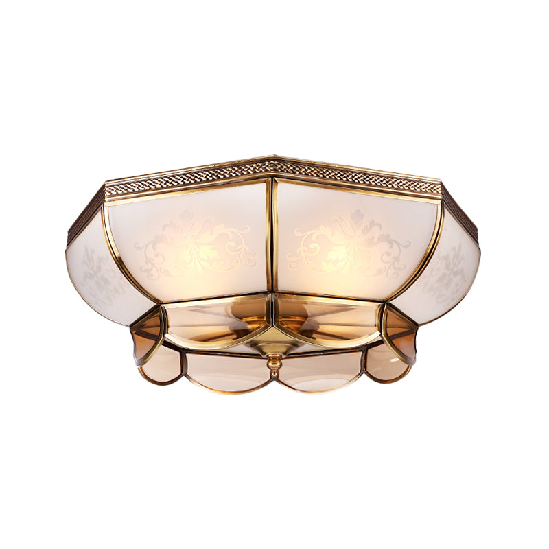 Colonial Brass Ceiling Mounted Chandelier 3/4 Bulbs 14"/18" W Frosted White Glass Flush Mount - Bedroom Lighting