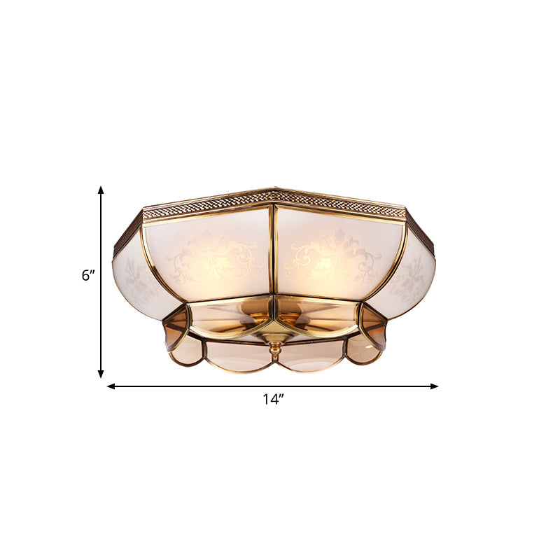 Colonial Brass Ceiling Mounted Chandelier 3/4 Bulbs 14/18 W Frosted White Glass Flush Mount -