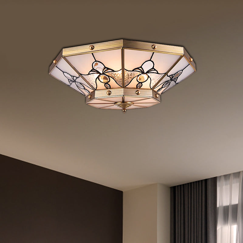 Brass Conical Flush Mount Lamp with Frosted Glass for Bedroom - 4 Heads, 16"/19.5" Size