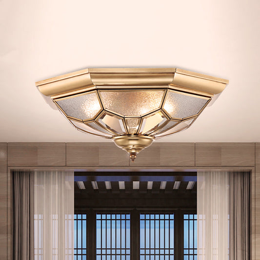 Colonial Brass Seeded Glass Flush Light Fixture for Bedroom - 3-Bulb Ceiling Mount