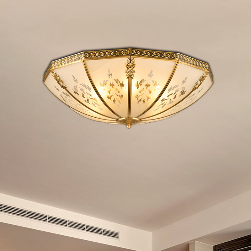 Colonial Milk Glass Ceiling Mount Light Fixture - 3-Bulb Brass Flush Chandelier For Bedroom
