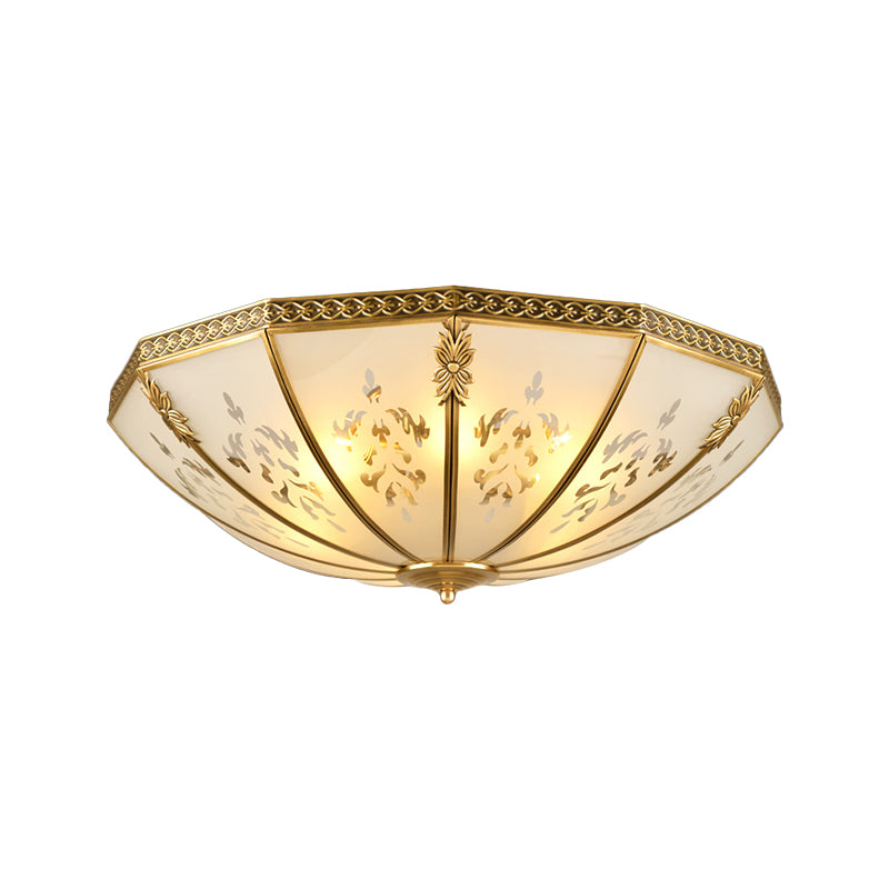 Colonial Milk Glass Ceiling Mount Light Fixture - 3-Bulb Brass Flush Chandelier For Bedroom