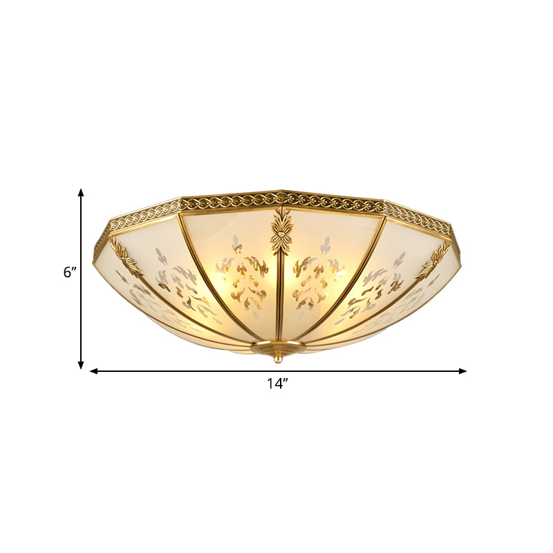Colonial Milk Glass Ceiling Mount Light Fixture - 3-Bulb Brass Flush Chandelier For Bedroom