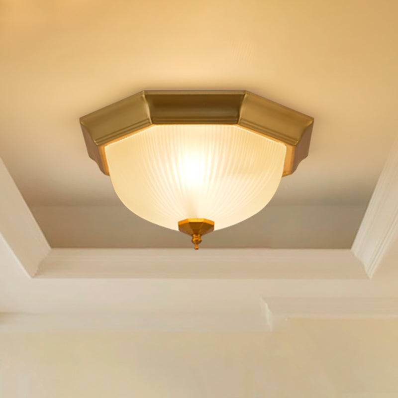 Dome Foyer Flush Mount Light - Colonial Ribbed Opal Glass - Brass Finish - Close to Ceiling Lamp - 12.5"/15" - 2/3 Bulbs