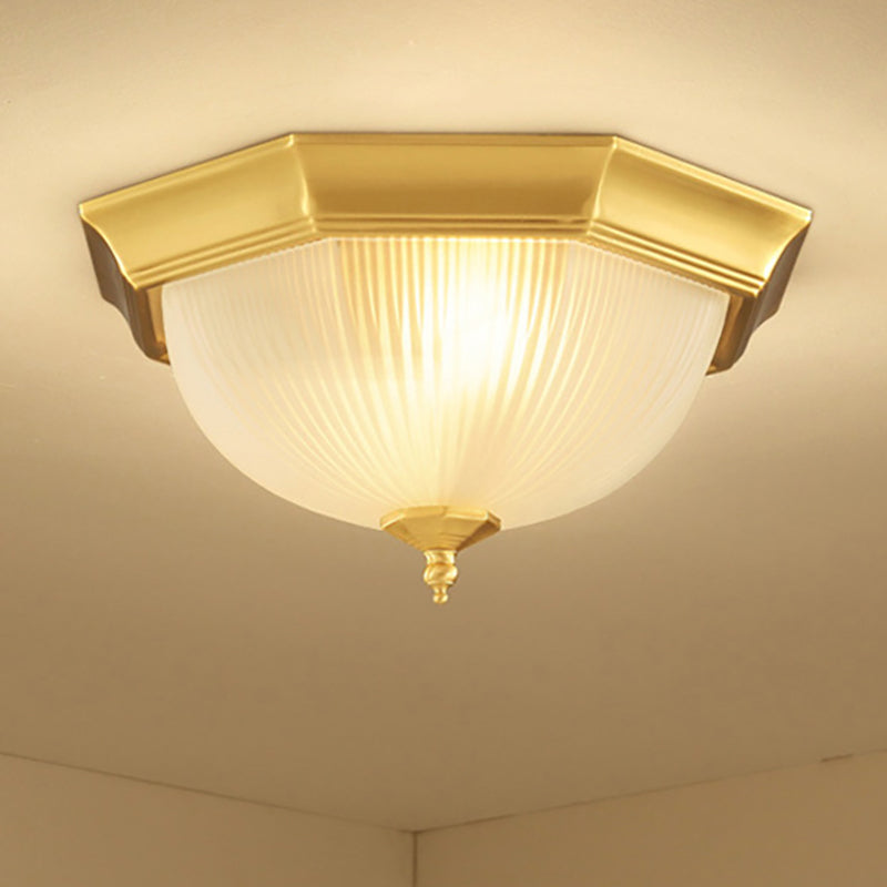 Dome Foyer Flush Mount Light - Colonial Ribbed Opal Glass - Brass Finish - Close to Ceiling Lamp - 12.5"/15" - 2/3 Bulbs
