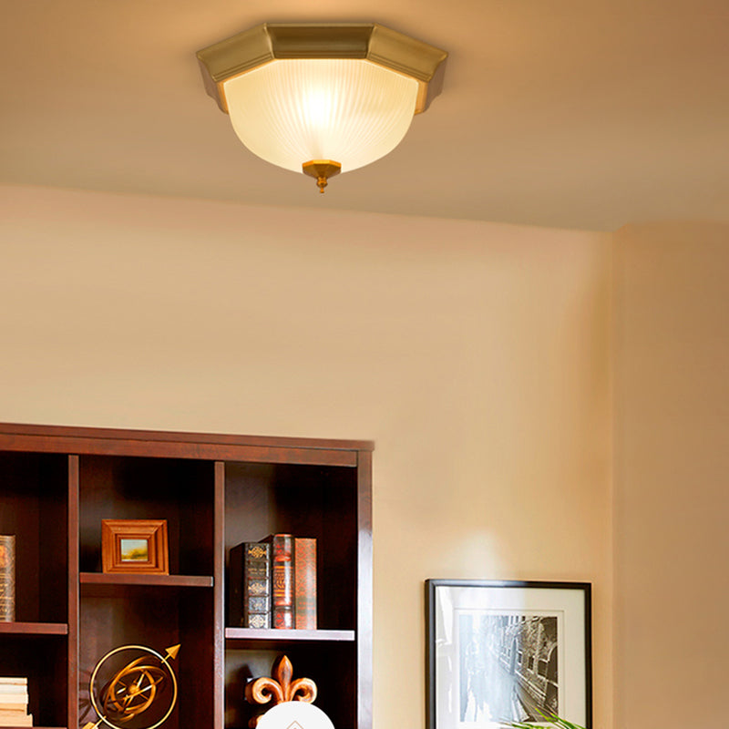 Dome Foyer Flush Mount Light - Colonial Ribbed Opal Glass - Brass Finish - Close to Ceiling Lamp - 12.5"/15" - 2/3 Bulbs