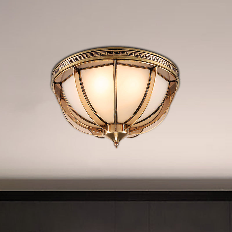 Opal-White Glass Brass Flush Dome Ceiling Lamp - 16.5"/20.5" Width, 3/4 Heads - Colonial-inspired Design - Ideal for Living Room