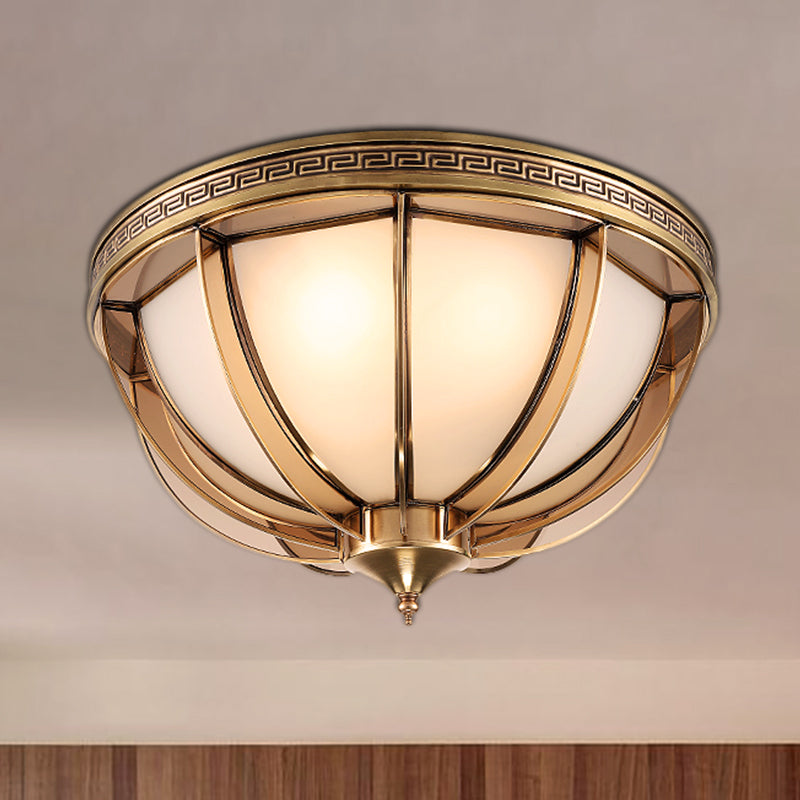 Opal-White Glass Brass Flush Dome Ceiling Lamp - 16.5"/20.5" Width, 3/4 Heads - Colonial-inspired Design - Ideal for Living Room