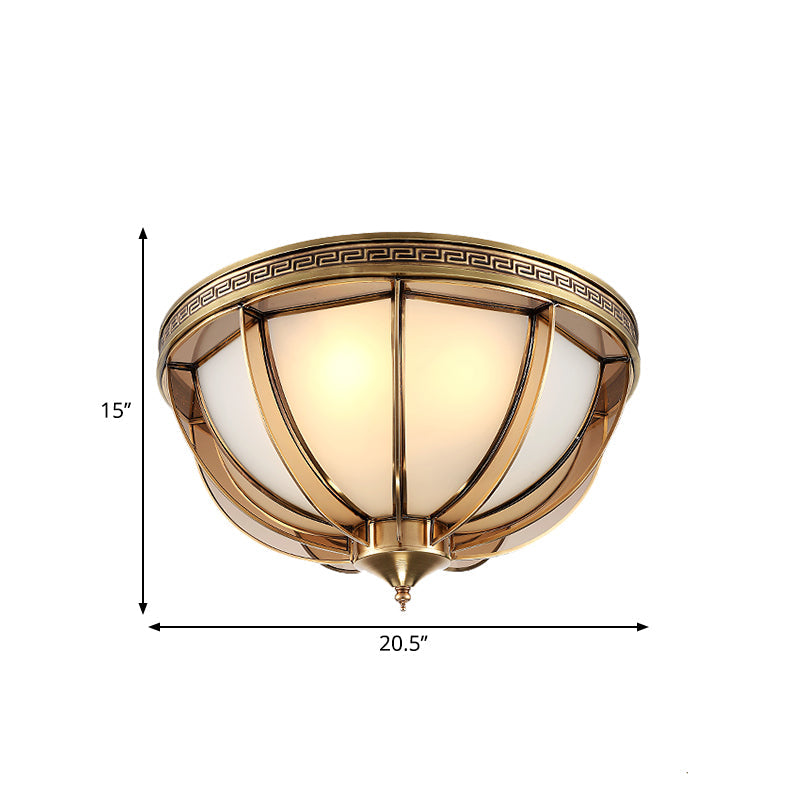 Opal-White Glass Brass Flush Dome Ceiling Lamp - 16.5"/20.5" Width, 3/4 Heads - Colonial-inspired Design - Ideal for Living Room